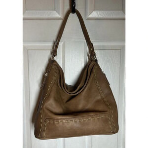 Sasha+Sofi Distressed Hobo Purse Vegan Leather in Tobacco With Stitching Detail